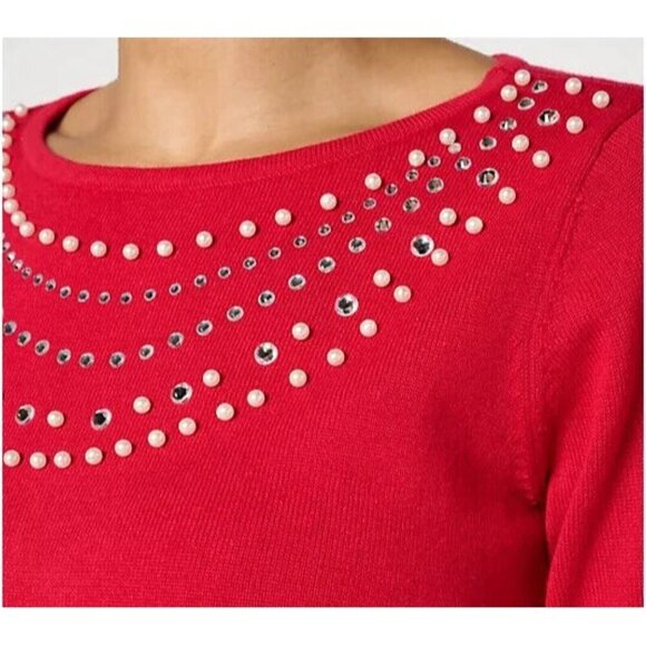 Quacker Factory Pearl Rhinestone Necklace Long Sleeve Sweater RUBY RED L A668150 - Picture 4 of 4